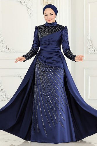 moda selvim 801AZ865 كحلي فساتين سهره - Thumbnail