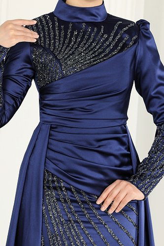 moda selvim 801AZ865 كحلي فساتين سهره - Thumbnail