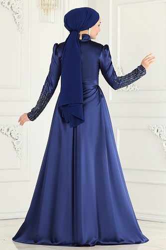 moda selvim 801AZ865 كحلي فساتين سهره - Thumbnail