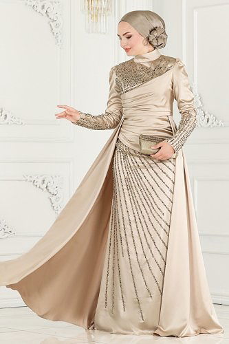 moda selvim 801AZ865 بيج فساتين سهره - Thumbnail