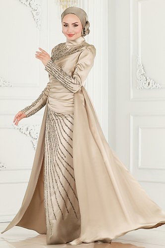 moda selvim 801AZ865 بيج فساتين سهره - Thumbnail