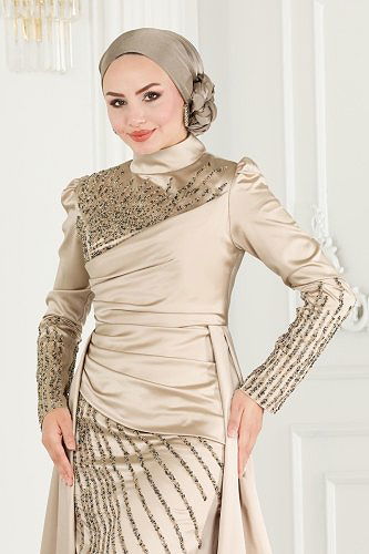 moda selvim 801AZ865 بيج فساتين سهره - Thumbnail