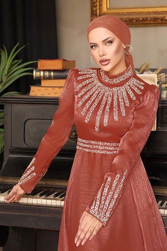 moda selvim 8070EH211 لون نحاسي فساتين سهره - Thumbnail