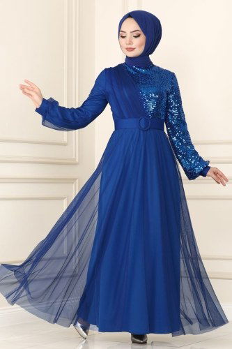 moda selvim Evening Wear ASM2519 Saxe - Thumbnail