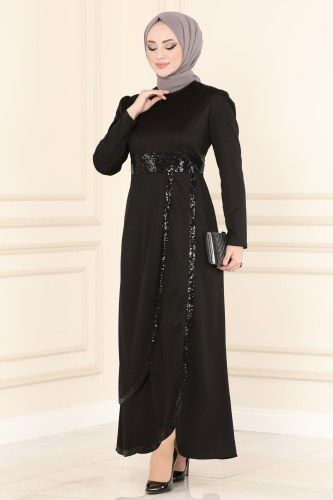 moda selvim ASM2545 اسود فساتين سهره - Thumbnail