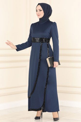 moda selvim Evening Wear ASM2545 Indigo - Thumbnail