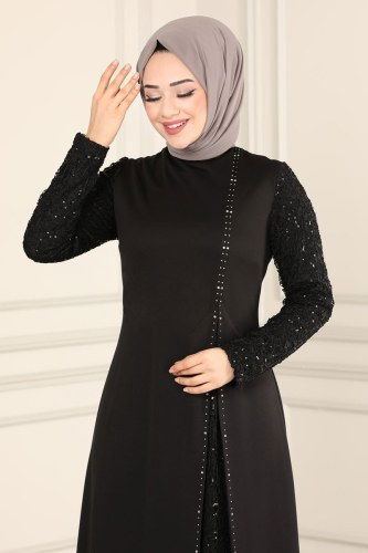 moda selvim ASM2546 اسود فساتين سهره - Thumbnail