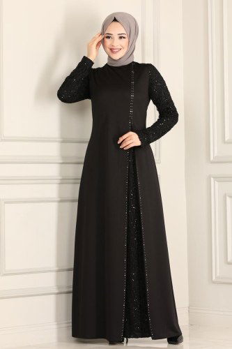 moda selvim ASM2546 اسود فساتين سهره - Thumbnail