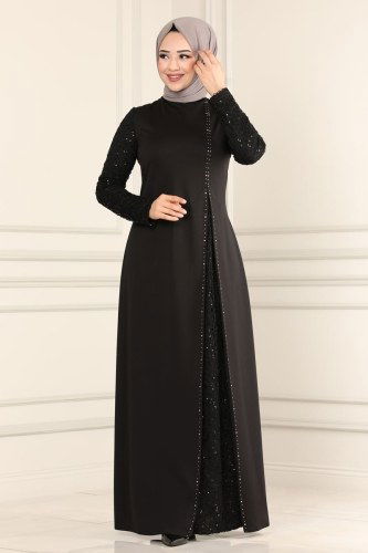 moda selvim ASM2546 اسود فساتين سهره - Thumbnail