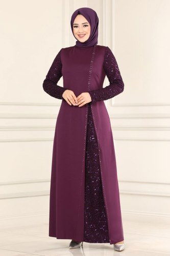 moda selvim ASM2546 ارجواني فساتين سهره - Thumbnail