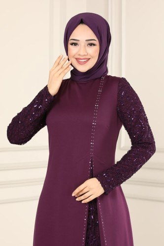 moda selvim ASM2546 ارجواني فساتين سهره - Thumbnail