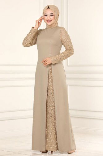 moda selvim ASM2546 قمحي فساتين سهره - Thumbnail