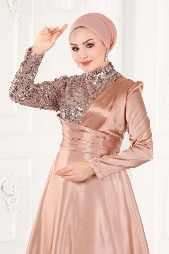 moda selvim ASM2548 لون مرجاني فساتين سهره - Thumbnail