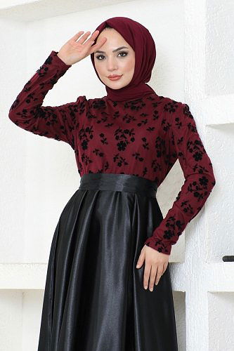 moda selvim Evening Wear ASM2709 Claret Red&Black - Thumbnail