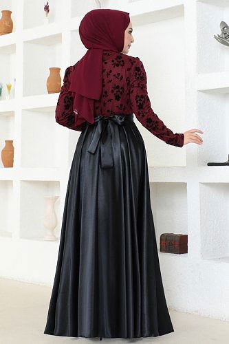 moda selvim Evening Wear ASM2709 Claret Red&Black - Thumbnail