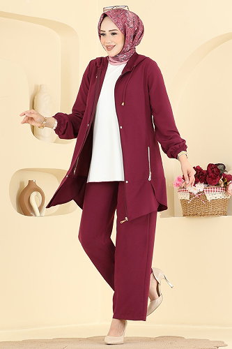 moda selvim Fermuar Detaylı 2 li Kupra Takım 2949SL432 Bordo - Thumbnail
