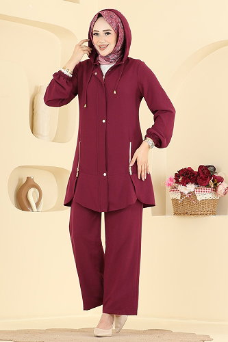 moda selvim Fermuar Detaylı 2 li Kupra Takım 2949SL432 Bordo - Thumbnail