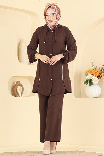 moda selvim Fermuar Detaylı 2 li Kupra Takım 2949SL432 Kahve - Thumbnail