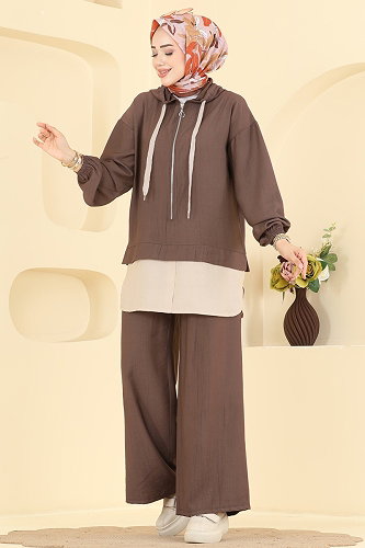 moda selvim Fermuar Detaylı 2 li Takım 3392HBS856 Kahve - Thumbnail