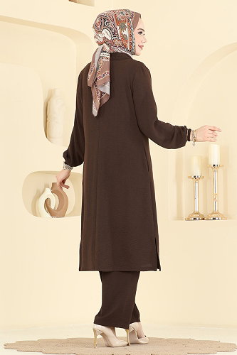 moda selvim Fermuar Detaylı 2 li Takım PL9223 Kahve - Thumbnail