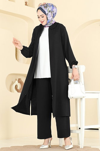 moda selvim Fermuar Detaylı 2 li Takım PL9223 Siyah - Thumbnail