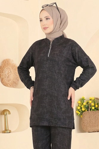 moda selvim Fermuar Detaylı Burgu Takım 110NZRK1200 Siyah - Thumbnail