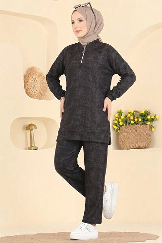 moda selvim Fermuar Detaylı Burgu Takım 110NZRK1200 Siyah - Thumbnail