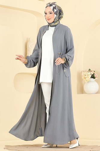 moda selvim Fermuar Detaylı Büzgülü Ferace 2952SL432 Gri - Thumbnail