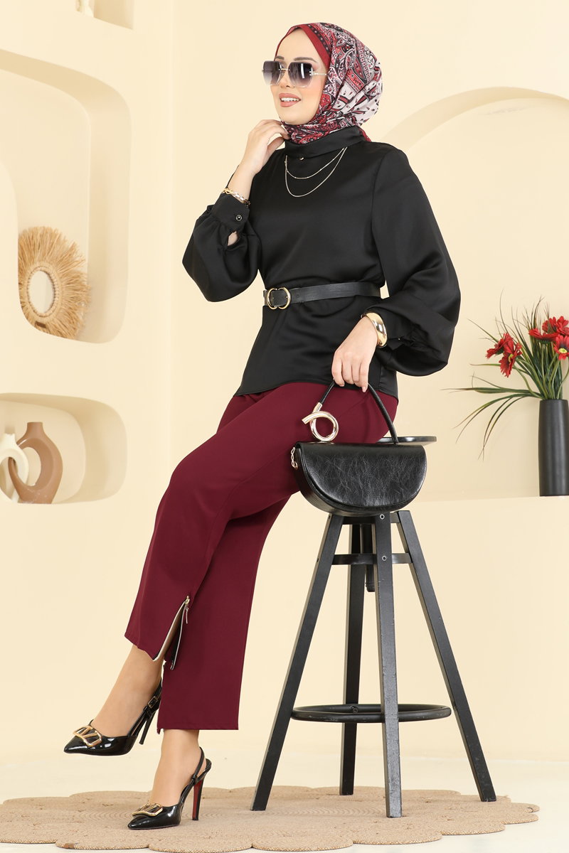 Fermuar Detaylı Dabıl Pantolon 0653ERK1158 Bordo