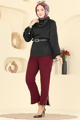 moda selvim Fermuar Detaylı Dabıl Pantolon 0653ERK1158 Bordo - Thumbnail