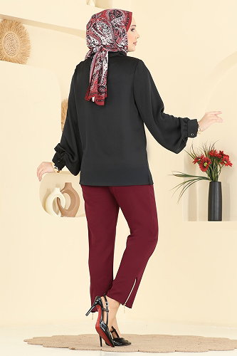 moda selvim Fermuar Detaylı Dabıl Pantolon 0653ERK1158 Bordo - Thumbnail