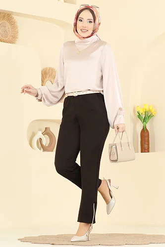 moda selvim Fermuar Detaylı Dabıl Pantolon 0653ERK1158 Kahve - Thumbnail