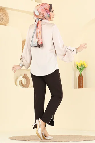 moda selvim Fermuar Detaylı Dabıl Pantolon 0653ERK1158 Kahve - Thumbnail