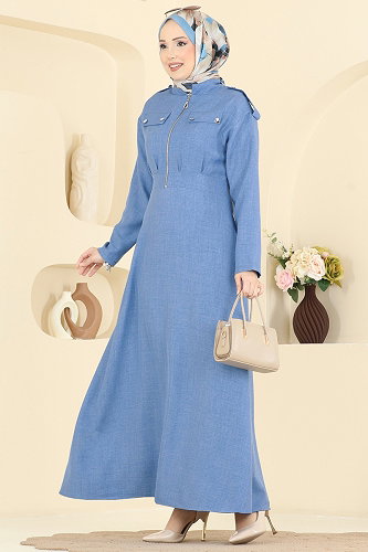 moda selvim Fermuar Detaylı Elbise 24039UKBK1160 İndigo - Thumbnail