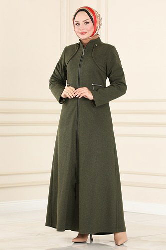 moda selvim Fermuar Detaylı Kaşe Kaban 3140PD194 Haki - Thumbnail