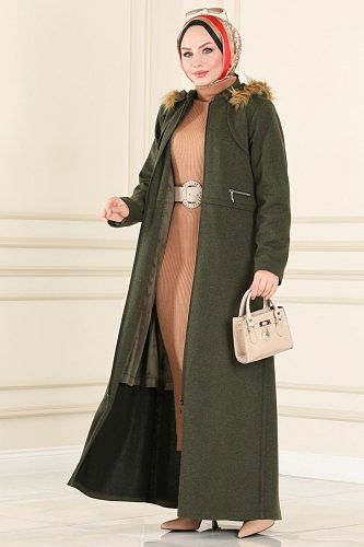 moda selvim Fermuar Detaylı Kaşe Kaban 3140PD194 Haki - Thumbnail