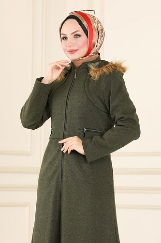 moda selvim Fermuar Detaylı Kaşe Kaban 3140PD194 Haki - Thumbnail