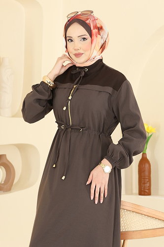 moda selvim Fermuar Detaylı Modal Elbise 2859SL432 Koyu Kahve - Thumbnail