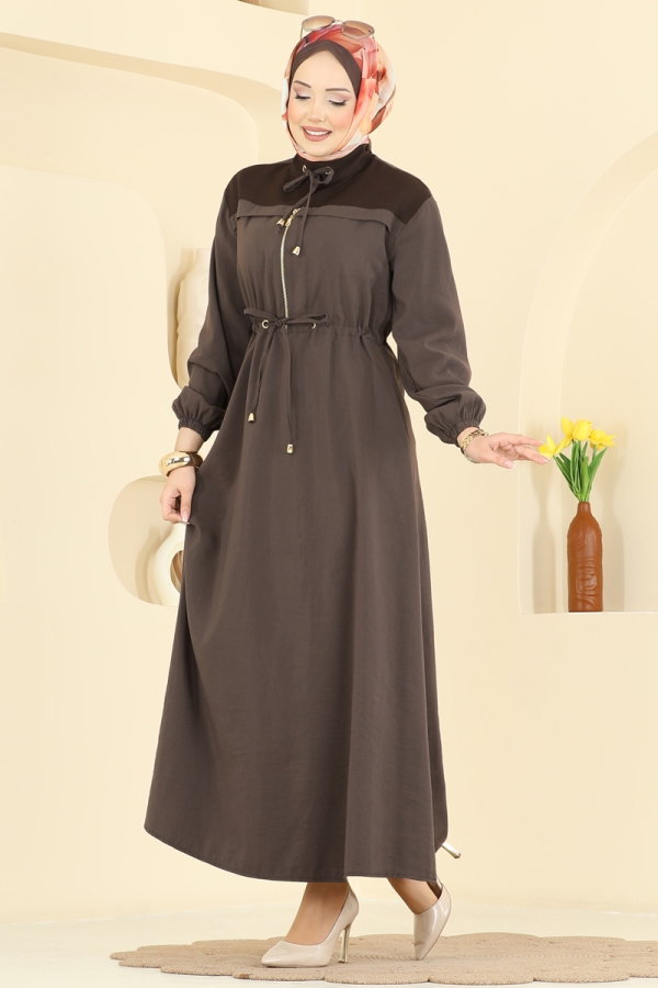 mie様 Fermuar Detaylı Modal Elbise 2859SL432 Koyu Kahve - Moda Selvim