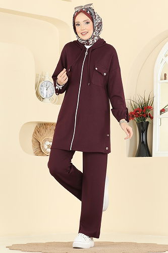 moda selvim Fermuar Detaylı Modal Takım 2748AYD574 Bordo - Thumbnail
