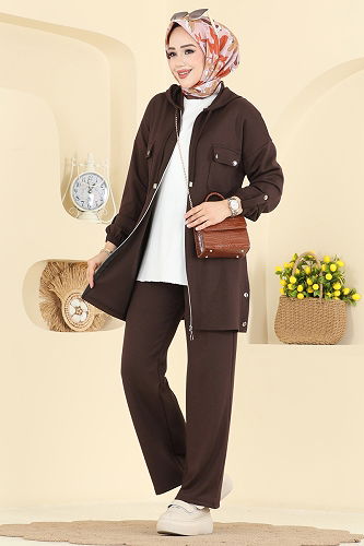 moda selvim Fermuar Detaylı Modal Takım 2748AYD574 Kahve - Thumbnail