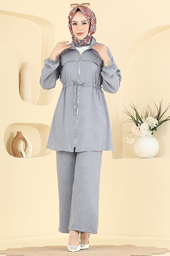 moda selvim Fermuar Detaylı Sofıa 2 li Takım 24053UKB139 Gri - Thumbnail