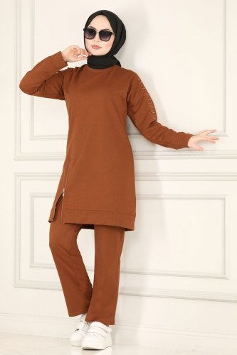 moda selvim Fermuar Detaylı Spor Takım 8680AYD574 Taba - Thumbnail