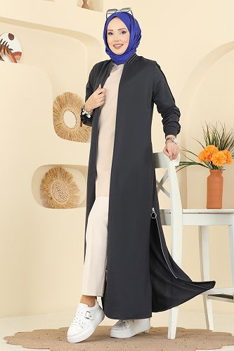 moda selvim Fermuar Yırtmaçlı İki İp Ferace 2762SL432 Antrasit - Thumbnail