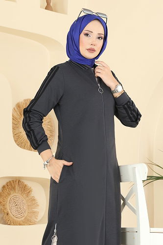 moda selvim Fermuar Yırtmaçlı İki İp Ferace 2762SL432 Antrasit - Thumbnail