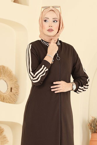 moda selvim Fermuar Yırtmaçlı İki İp Ferace 2762SL432 Kahve - Thumbnail