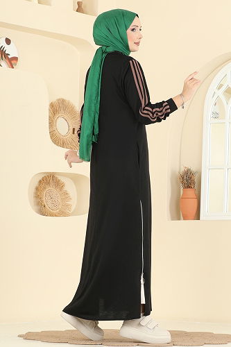 moda selvim Fermuar Yırtmaçlı İki İp Ferace 2762SL432 Siyah - Thumbnail