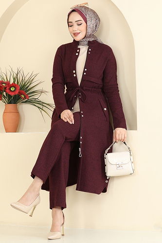 moda selvim Fermuarlı Balıksırtı 2 li Takım 24027UKB139 Bordo - Thumbnail