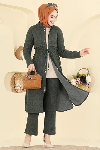 moda selvim Fermuarlı Balıksırtı 2 li Takım 24027UKB139 Haki - Thumbnail