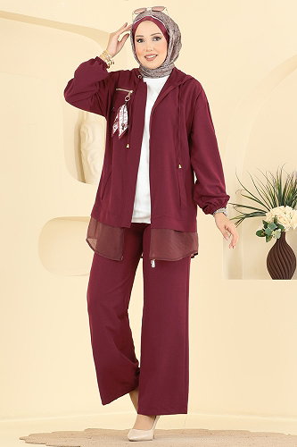 moda selvim Fermuarlı Fular Detaylı 2 li Takım 2943SL432 Bordo - Thumbnail
